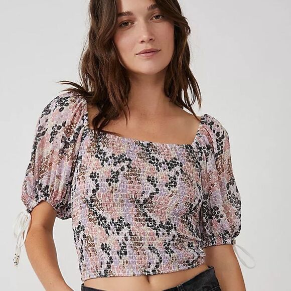 NWT Free People Top Back On Top Crop Floral Smocked Tie Puff Soft Combo XS - Picture 10 of 10